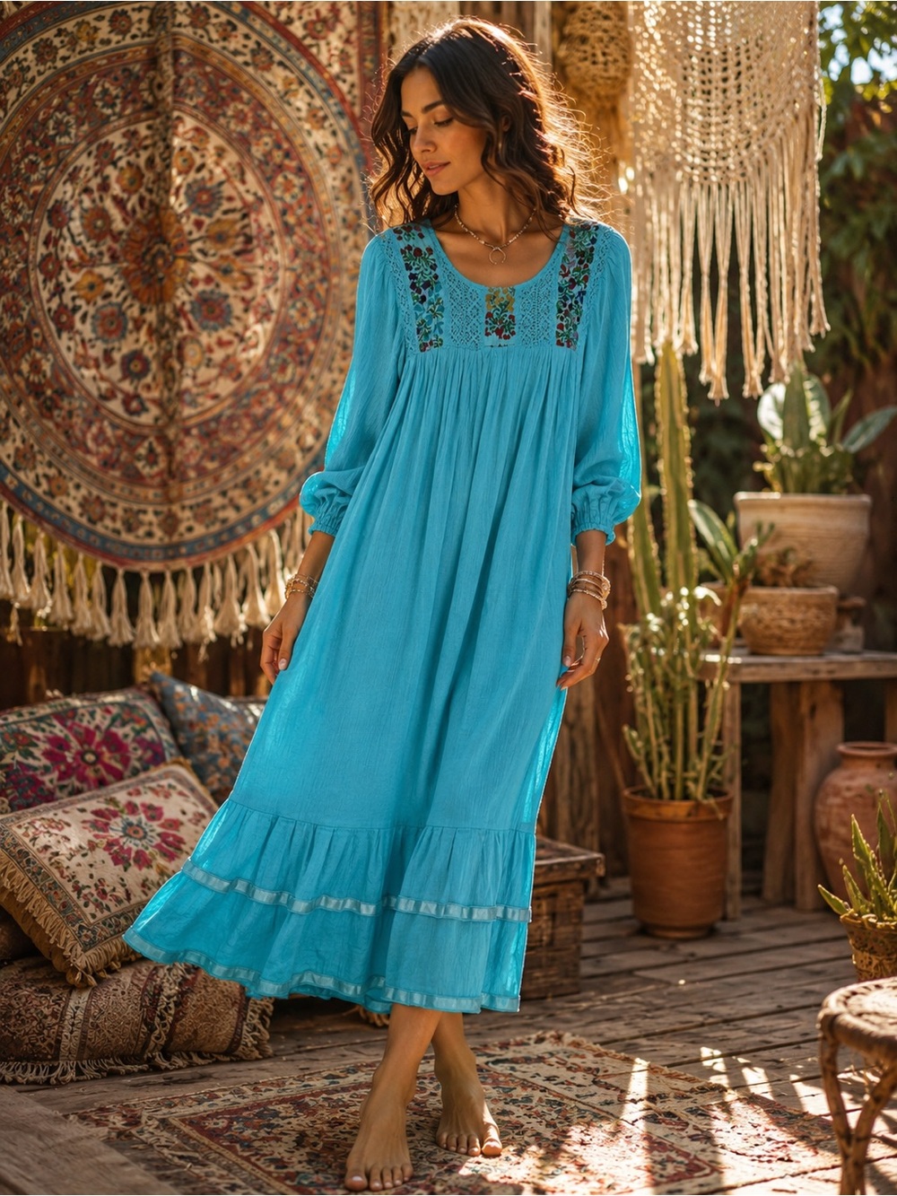 Boho Embroidered Midi Dress in Turquoise